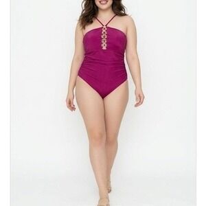 Catherine Malandrino NWT 1 Piece Swimsuit Womens XL Magenta Ring Lace Up